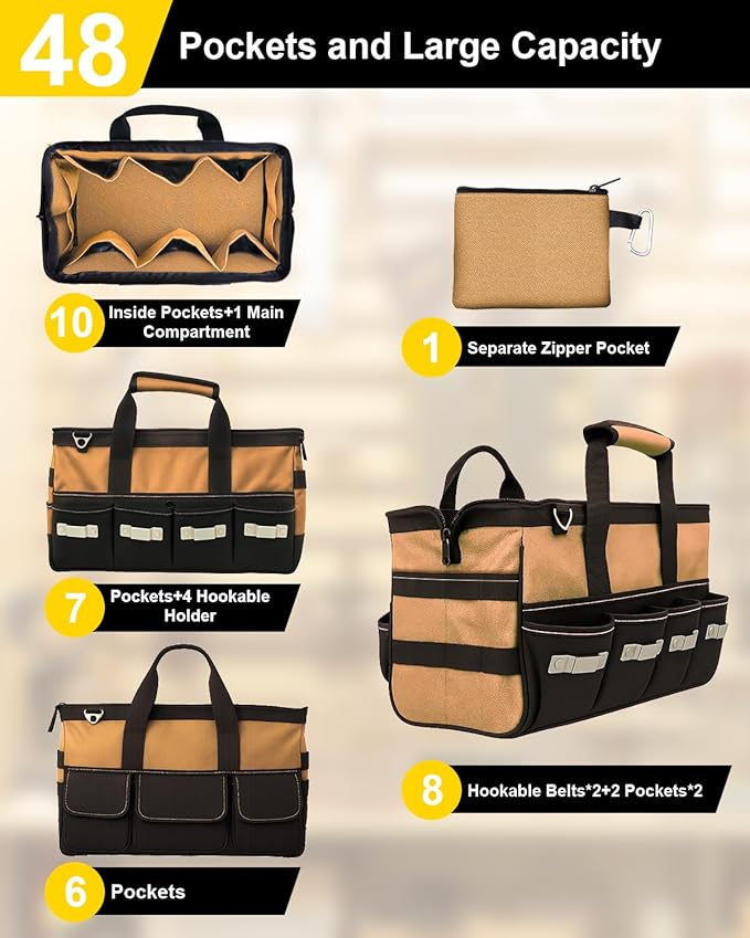 18 Inch Heavy Duty Tool Bag-48 Pockets,1680D Tear&Abrasion Resistant,Includes Tool Pouch,Tool Belt,Magnetic Wristband&Adjustable Shoulder Strap | Tool Organizer(Brown)