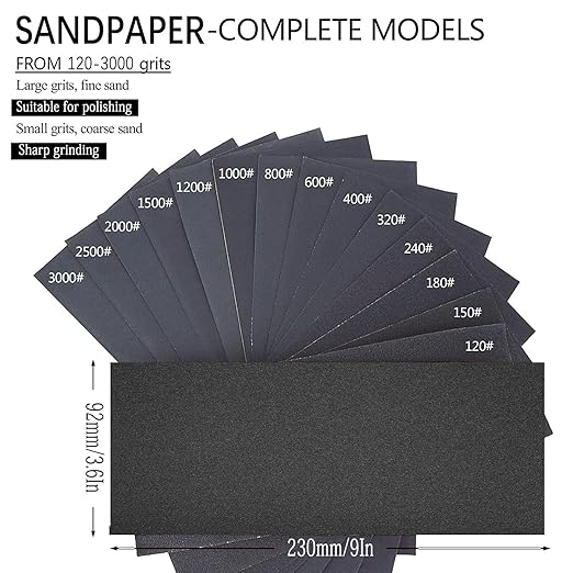 Wet & Dry Sandpaper Set, 42 Sheets of 120 to 3000 grit Sandpaper with Sanding Block Sander,for Wood Furniture Finishing Metal Automotive Sanding Polish