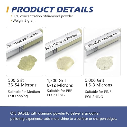 SCOTTCHEN 6Pcs Diamond Polishing Paste,500/1,500/5,000/14,000/50,000/200,000 Grit, Lapping Compound with 50% Concentration of Diamond Powders for Jewelry, Metal, Ring, Glass, Coin, 5 Gram Each