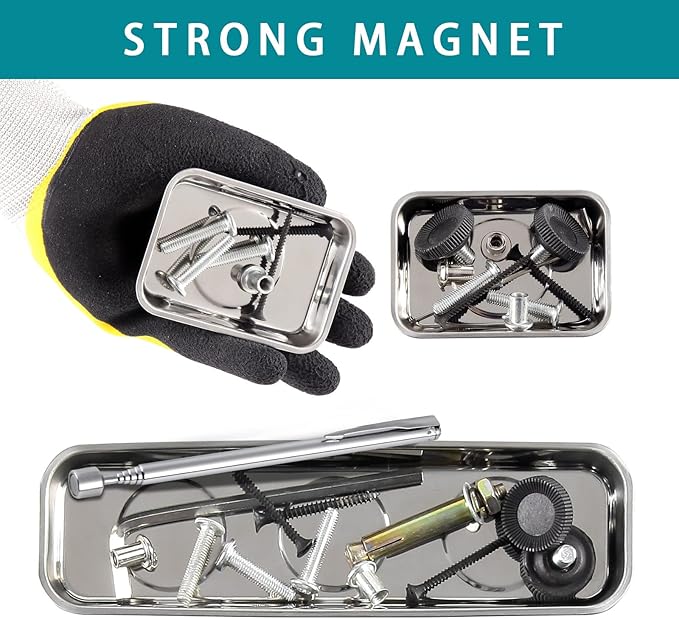 3 Pieces Magnetic Trays with 5LBs Telescoping Magnetic Pick-up Tool Set, 8.9" and 2 Pieces 3.7" Rectangle Stainless Steel Magnet Parts Tray for Screws, Mechanic's