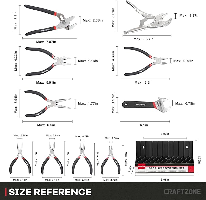 10PC Pliers and Wrench Set with Storage Rack – Includes Locking | Long Nose | Diagonal Cutter | Groove Joint | Linesman & Mini Plier ，High-Quality Carbon Steel Tool Kit for DIY and Home a Gift for Man