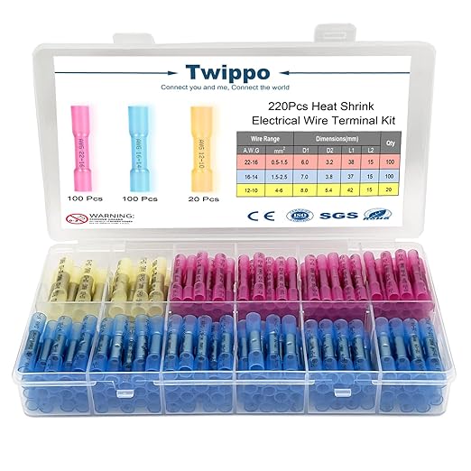 220Pcs Butt Terminal Connectors, Waterproof Heat Shrink Wire Connectors, Automotive Electrical Connector Terminals Kit, Crimp Connectors (22-10 Gauge)