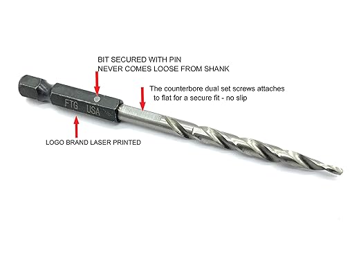 FTG USA Countersink Drill Bit Set 4 Pc #6 (9/64") Wood Bit, Tapered Bit, Stop Collar, Hex Wrench for Woodworking
