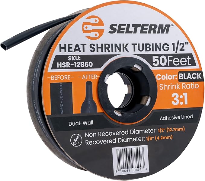 SELTERM 1/2" Black [50 Feet] Marine Grade Heat Shrink Tubing Roll, 3:1 Ratio Dual Wall Adhesive Lined Waterproof Heat Shrink Wrap Tube, for Battery Cable Lugs Wire Terminals Connectors