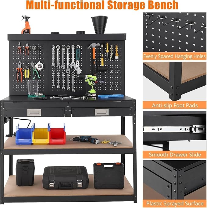 48'' 3-Tier Adjustable Workbench, Heavy Duty Workbench with Drawer and Backplate, 2000 LBS Capacity Work Table, Suitable for Office, Garage, Workshop