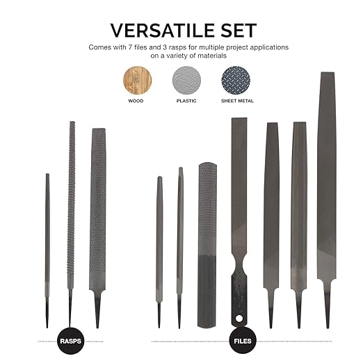 Neiko 00109A Metal File and Rasp Set | 12 Piece, 10, 8, and 6 Inch Extra Slim Flat, Half, Mill, and Round Files Set | Non Slip PVC Handle, Wood File | Heat Treated Carbon Steel Two Way File