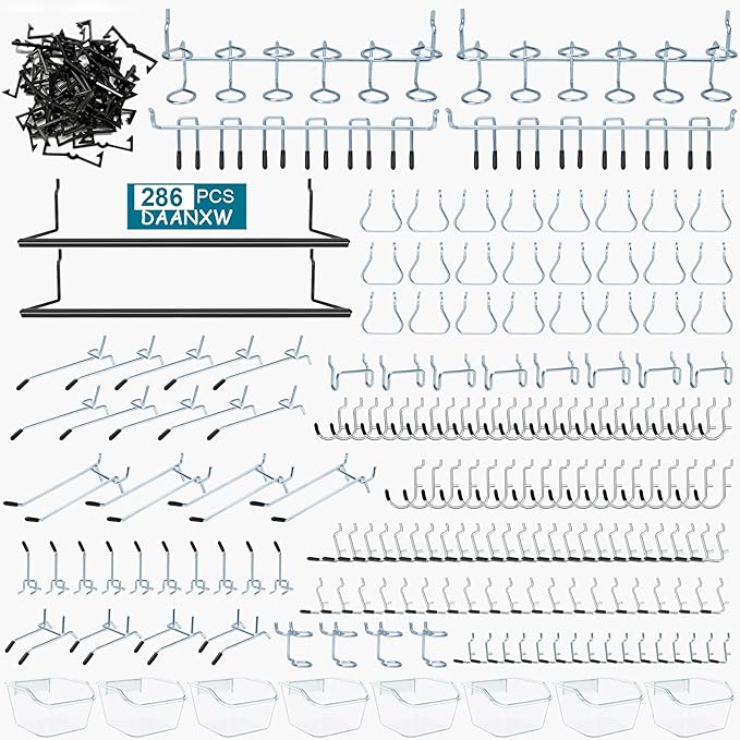 286PCS Pegboard Accessories Organizer Kit, Including pegboard Box Organizing Various Tools, 1/8 and 1/4 inch Pegboard Hooks Assortment for Hanging Storage,Garage Wall (286-Transparent Box)