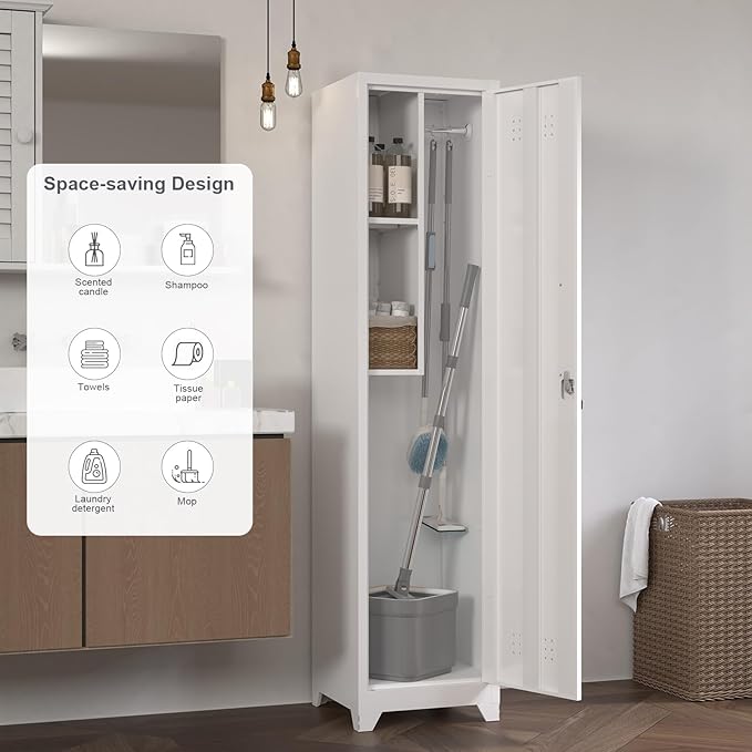 Metal Tall Broom Storage Cabinet, 65" Broom Closet Cabinets with Adjustable Shelves and S-Hooks, Slim Bathroom Cabinet, Metal Storage Cabinets for Home Office, Pantry, Bathroom