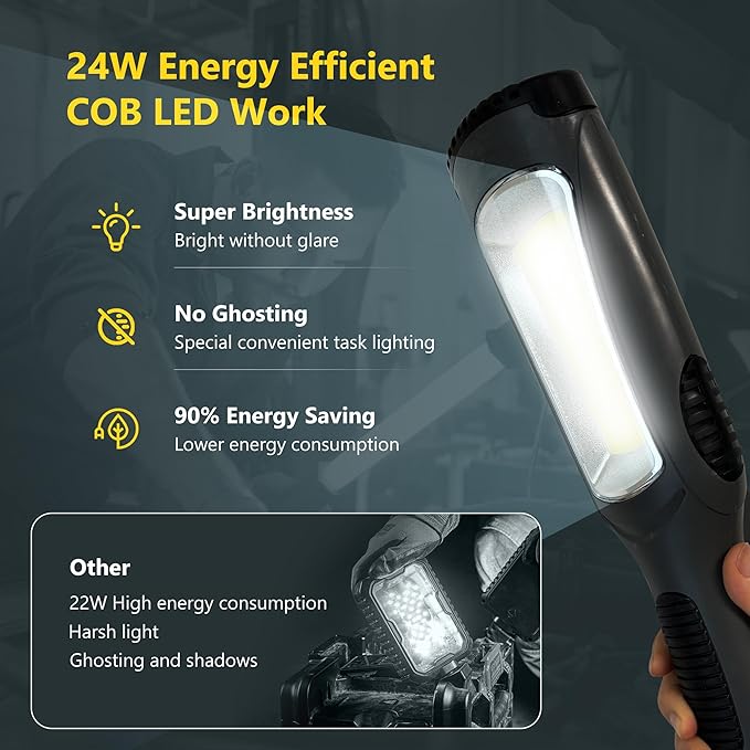 Portable Corded LED Work Light with Outlet in Handle, COB LED, 3000 Lumen 25ft 16AWG 3C SJTOW Cord Handheld Work Light, Strong Magnet, Swivel Hook for Mechanic, Garage, Workshop, Car Repair