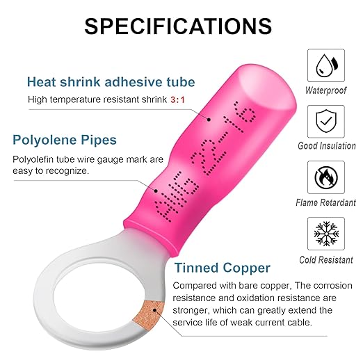 AutCreation 160PCS Heat Shrink Ring Terminals 5/16" Red 22-16 AWG Marine Grade Electrical Wire Connectors, Tinned Red Copper Resistant Ring Connectors, Insulated Waterproof Crimp Terminals