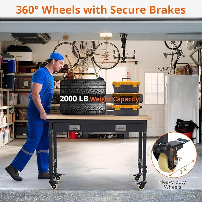 48x24 Inch Garage Workbench with Wheels, Adjustable Rubber Wood Top Garage Workbench with Power Outlet, 2000 Lbs Load Capacity, for Workshop, Woodworking, Office, Home.