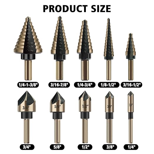 5Pcs Step Drill Bit & 5Pcs Countersink Drill Bit Set, Titanium Coated, 50 Sizes of Step Bit for Metal with Aluminum Case, Multiple Hole Stepped Up Bits for DIY