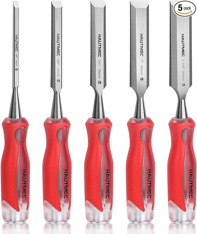 HAUTMEC 5-Piece Wood Chisel Set – High-Impact Drop-Forged CRV Steel, Fully Polished Beveled Edge Blades, Heavy-Duty Strike Cap & Extended Anti-Skid Handle – HT0365
