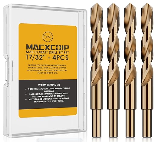 17/32" (4pcs) Cobalt Drill Bit Set, M35 High Speed Steel Jobber Length Drill Bit Kit for Hardened Metal, Stainless Steel, Cast Iron, Wood and Plastic, with Index Storage Case