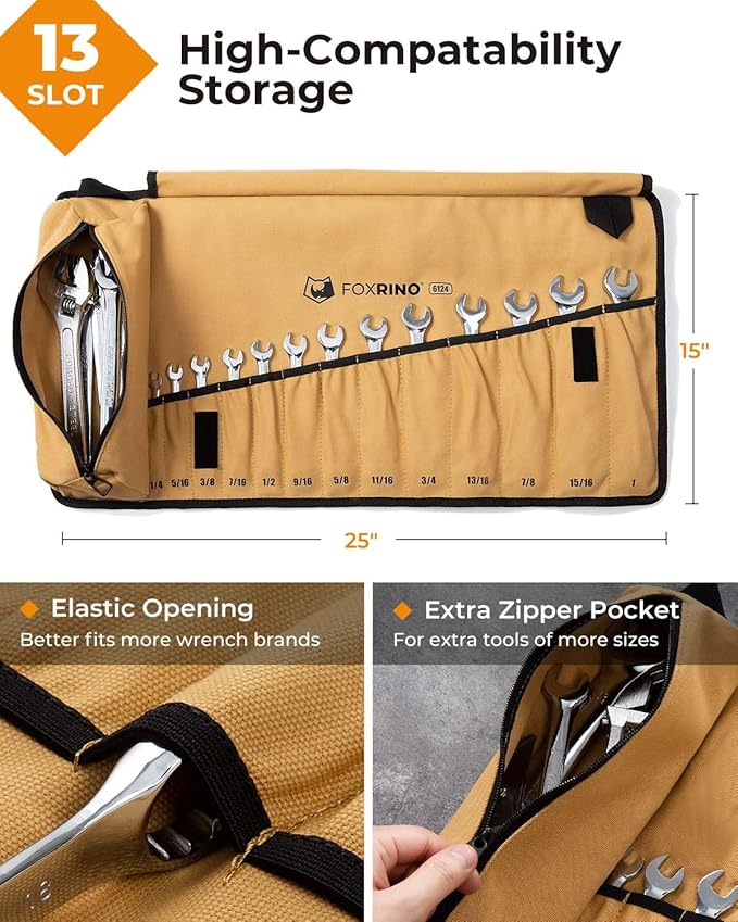 Wrench Roll, Wrench Roll Up Pouch, Gifts for Men Father Dad Mechanic, Heavy Duty Canvas Wrench Organizer Bag (Brown, 13+1 SAE)