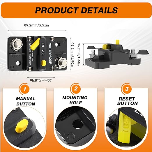 E93 Circuit Breaker Waterproof IP67 25A-300A Extended Surface Mount with 3/8" Diagonal Studs Hi-Amp Marine RV Truck Protector (200A)