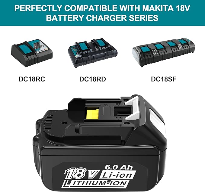2Pack 6000 mAh 18V Long-Lasting Lithium Battery Replacement for Makita 18V Battery BL1860B BL1850B BL1815 BL1840B BL1815, Compatible with makita 18V Charger and Cordless Power Tool