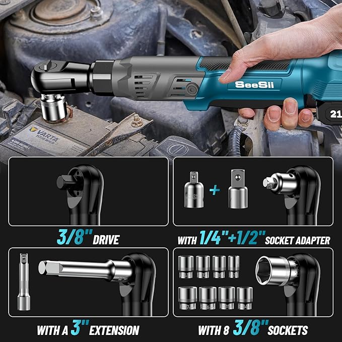 Seesii 21V Cordless Electric Ratchet Wrench Set, 66Ft-lbs 200RPM Power Ratchet Wrench 3/8", Variable Speed Trigger, 2x 2.0A Batteries & Charger, 8 Sockets, 1/4" and 1/2" Adapter, 3" Extension Bar