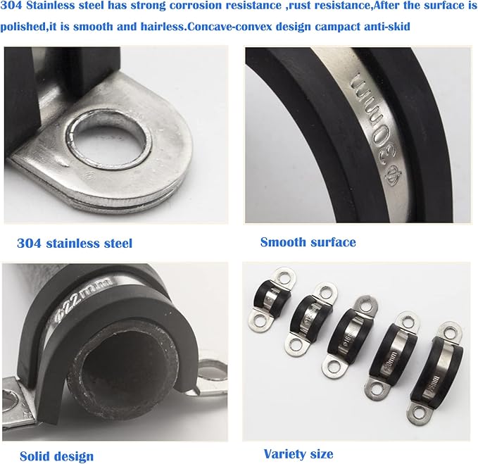 10pcs 65mm 2 Hole U-Tube Strap Clamp, 304 Stainless Steel with EPDM Rubber Lined Clip, Double-Layer Gaskets Rubber Cushioned Insulated Clamp for Tube, Pipe or Wire Cord Installation
