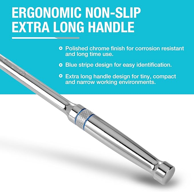 DURATECH 3-Piece Extra Long Drive Ratchet Handle, 1/4", 3/8", 1/2" 90-Tooth Ratchet Wrench with Dust Proof Teardrop Enclosed Head, Reversible, CR-V Steel Made, CR-MO Head, Full Polished, Gifts for Men