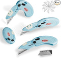 4 Pack Folding Utility Knife with 10 Extra Blades,Box Cutter with Button Lock Mechanism,Small Pocket Knife for Home,Office and Warehouse,Blue.