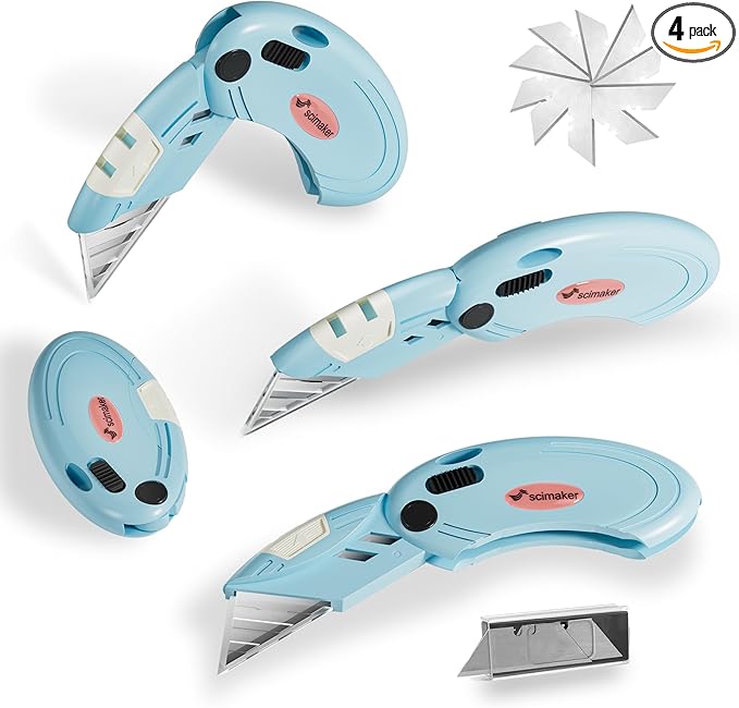 4 Pack Folding Utility Knife with 10 Extra Blades,Box Cutter with Button Lock Mechanism,Small Pocket Knife for Home,Office and Warehouse,Blue.
