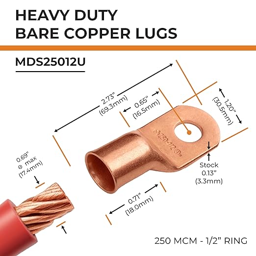 SELTERM 10pcs 250 MCM - 1/2" Stud - Battery Lugs, Heavy Duty Wire Lugs, Ring Terminals, Battery Cable Ends,250 kcmil Terminals, UL Bare Copper Eyelets Electrical Battery Terminal Connectors