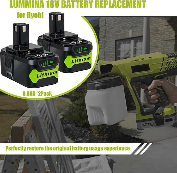 UMMINA 8.0Ah Battery Replacement for Ryobi 18V Lithium Battery Compatible with Ryobi 18 Volt ONE+ Plus P107 P108 P102 P103 P104 P105 P109 P122 Cordless Tools