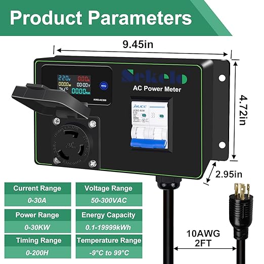30A AC Power Meter, 125V Digital Multimeter Tester, NEMA L6-30P to NEMA L5-30R Outlet Monitor with 2FT 10AWG Cable and 30A Circuit Breaker, Real-Time Voltage, Current, Power, and Energy Monitoring