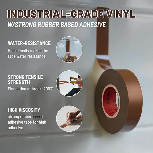 RED WOLF 10 Pack Brown Electrical Tape 3/4 Inch x 66 Ft Industrial Grade UL/CSA Listed 7 Mil Thick Flame Retardant High Temp Waterproof Electrical PVC Tape Electric Super Vinyl Rated 600V