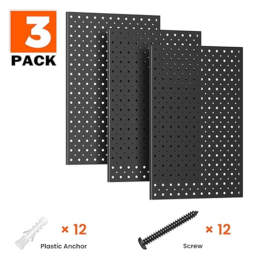 Metal Pegboard Panels 16×12 Inch, Wall-Mounted Tool Organizer Boards, Modular Pegboards for Garage, Workshop, Kitchen, Workbench, or Storage Room (3 PCS, Black)