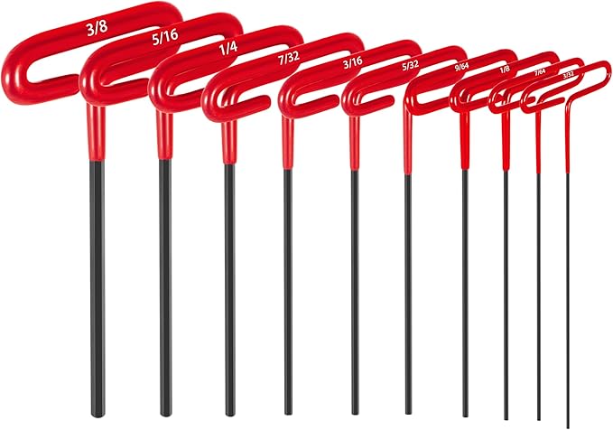 10-Piece Red Inch/SAE T-Handle Allen Hex Key Wrench Set(3/32-3/8)，7.4 inches long, Printed Specifications, Versatile Tool for DIY