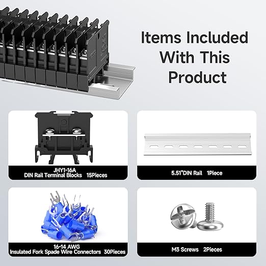 15Pcs JHY1 DIN Rail Terminal Blocks, 660V 16A, 2.5mm², Detachable & Assemblable Terminal Strip Blocks, 30Pcs 16-14 AWG Insulated Fork Spade Wire Connectors & 5.51 Inch DIN Rail Included