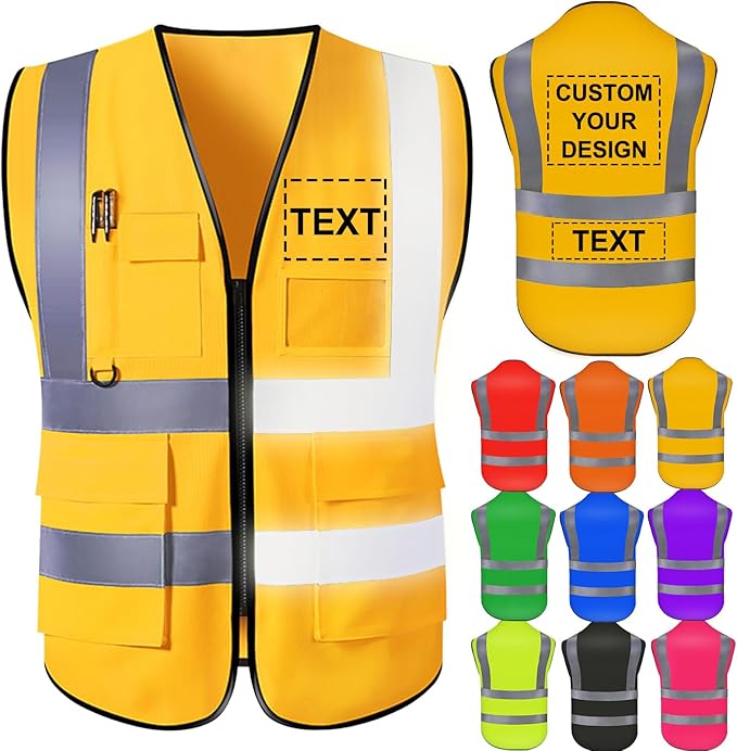 Custom Safety Vest for Men with Logo High Visibility Safety Vests Reflective with Pockets and Zipper Construction