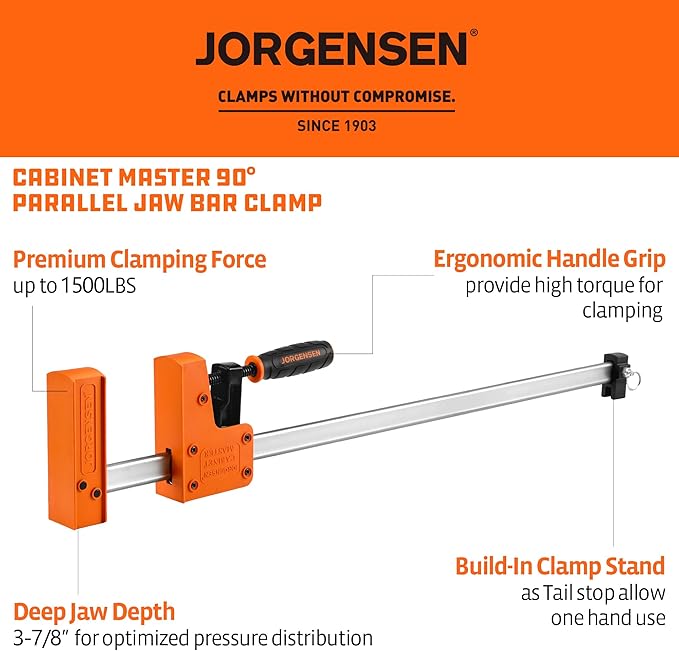 JORGENSEN 24-inch Bar Clamps, 90°Cabinet Master Parallel Jaw Bar Clamp Set, 2-pack