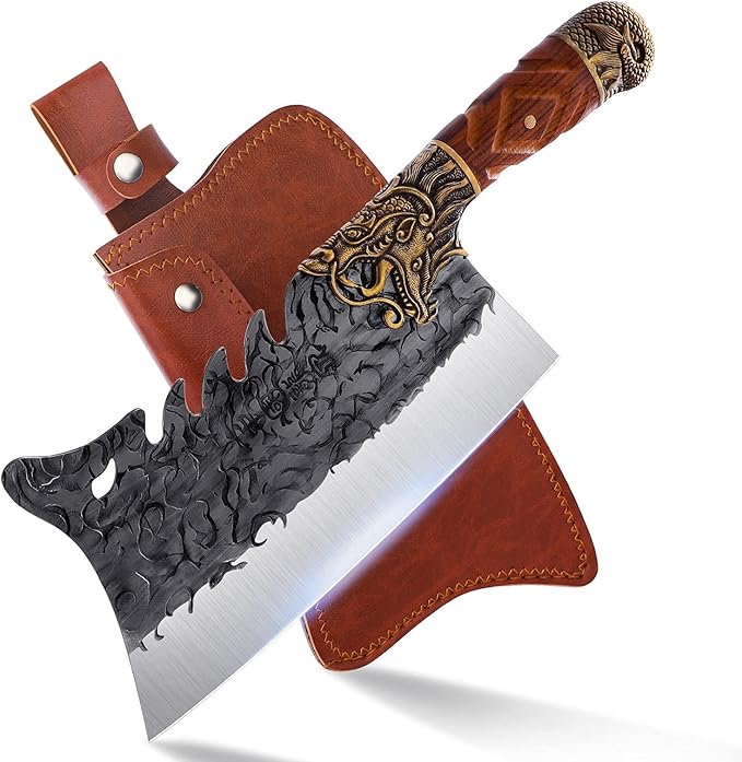 ROCOCO Cleaver Knife Meat Cutting Heavy Duty Bone Butcher Chopper Large Hand Forged Chinese Dragon Viking Cutter for Kitchen Outdoor with Sheath Birthday Father Mother Christmas Gift Men 8.6"