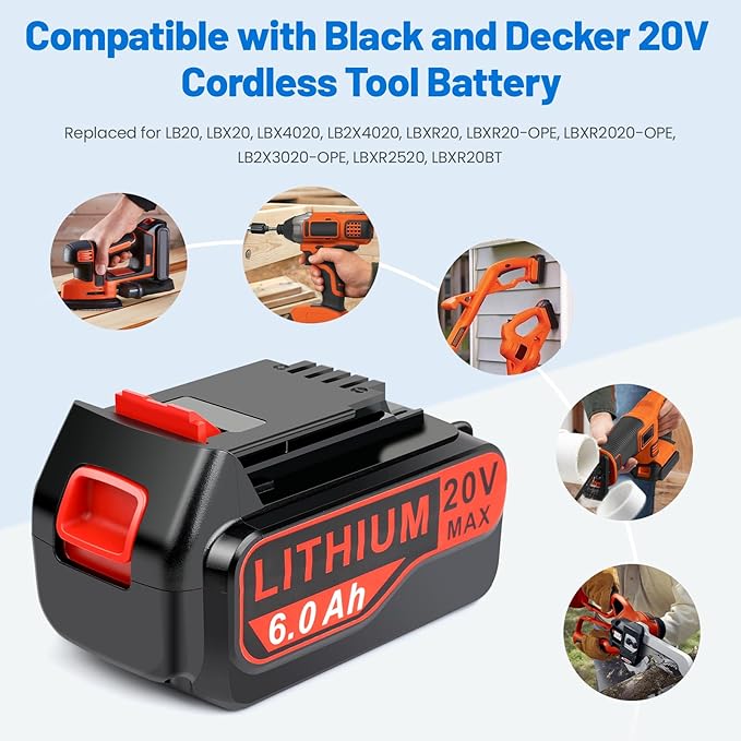 ARyee 4-Pack LBXR20 6.0Ah 20V Replace for Black and Decker 20V Battery Max LB20 LBX20 LBXR2020 LBX4020 LB2X4020 LBXR20-OPE LBX4020 LST220 Cordless Power Tools