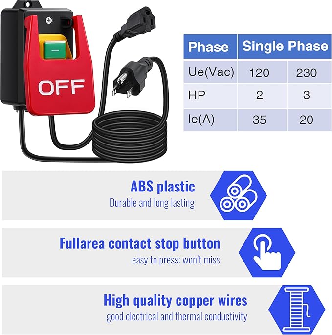 Dreyoo 1 Pack 120/230V Single Phase On/0ff switch, 120V 2HP Router Table Switch with Large Stop Sign Paddle Easy Contact for Fast Power Off for Table Saw and Other Electrical Equipment (1 Female Plug)