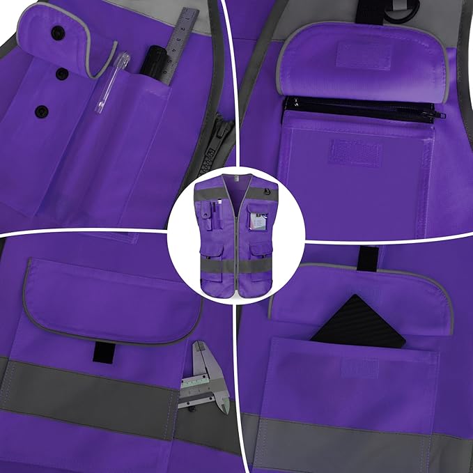 TCCFCCT High Visibility Vest 9 Pockets Hi Vis Reflective Safety Vest for Men Women, Construction Vest with Reinforced Sewing, Durable to Use, Meets ANSI/ISEA Standards, (Purple, 4X-Large)