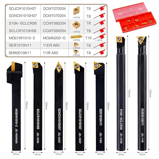 Indexable Lathe Turning Tool 21Pcs Kit 3/8" (10mm) Shank, Includes 7Pcs Metal Lathe Tool Holders and 14Pcs Carbide Inserts for Turning Boring Grooving Cutting Threading Carbide Turning Tool