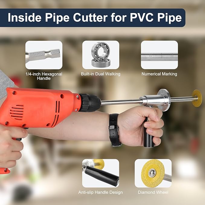 Inside Pipe Cutter for PVC Pipe with Diamond Grit Cutting Wheel and Handle, Fit for 1-1/2 Inch to 8 Inch,7 Inch Adjustable Cutting Depth,1/4in Hex Shank Fit for Impact Drivers