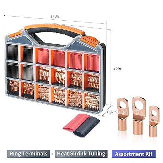 180Pcs AWG2 4 6 8 10 12Gauge Thickened Copper Electric Wire Lugs，Heavy Duty Battery Cable Lug Ends Ring Terminals Connectors，240Pcs 3:1 Heat Shrink Tubing Assortment Kit (420Pcs)
