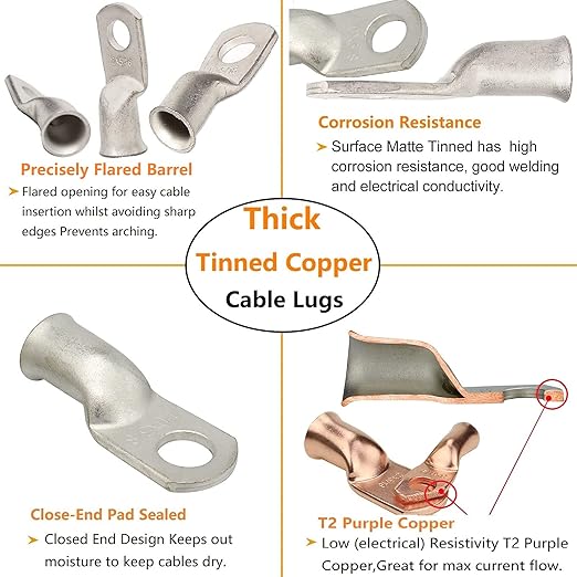 0000 Gauge Tinned Copper Cable Lugs 8 PCS 4/0 AWG-3/8(M10) Ring Terminal Heavy Duty Wire Lugs Battery Lugs, 8 PCS 4/0 Guage terminals Battery Cable Ends Connectors with 8 PCS 3:1 Heat Shrink Tube