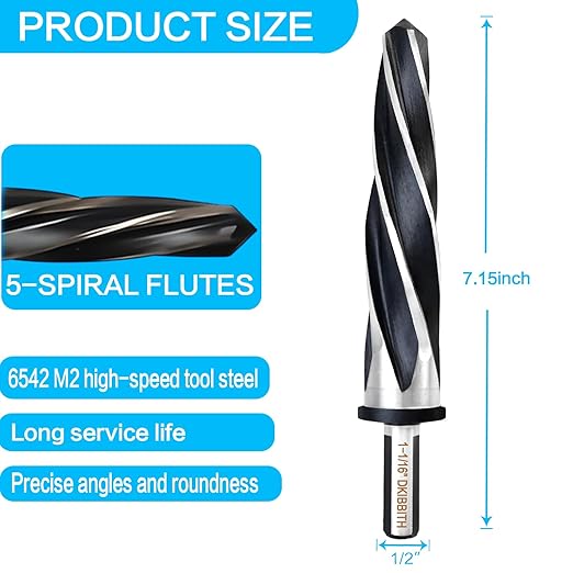 DKIBBITH 1-1/16" Bridge Construction Reamer Drill Bit, M2 HSS Taper Chucking Reamer for Steel Alloy Metal Wood Plastic, 1/2" Non-Slip Shank, 5-Spiral Flutes Car Reamer, to Align or Enlarge Holes, 27mm