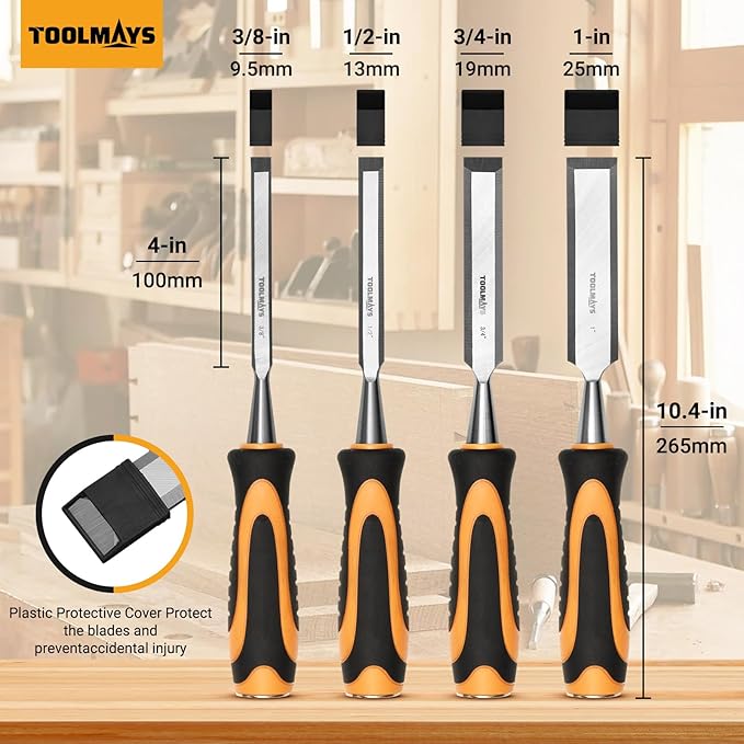 4-Piece Wood Chisel Set, Carbon Steel Blades with Ergonomic Handle, 3/8" 1/2" 3/4" 1" for Woodworking, Durable Metal Strike Cap (5-inch Handle for Comfortable Grip)