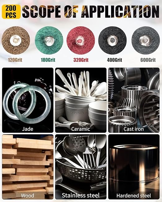 Rocaris 300 Pcs Abrasive Buffing Wheels, 1 inch Abrasive Buffing Polishing Wheels Burr for Rotary Tools-1/8(3mm) Shank, 120Grit, 180Grit, 320Grit, 400Grit, 600Grit