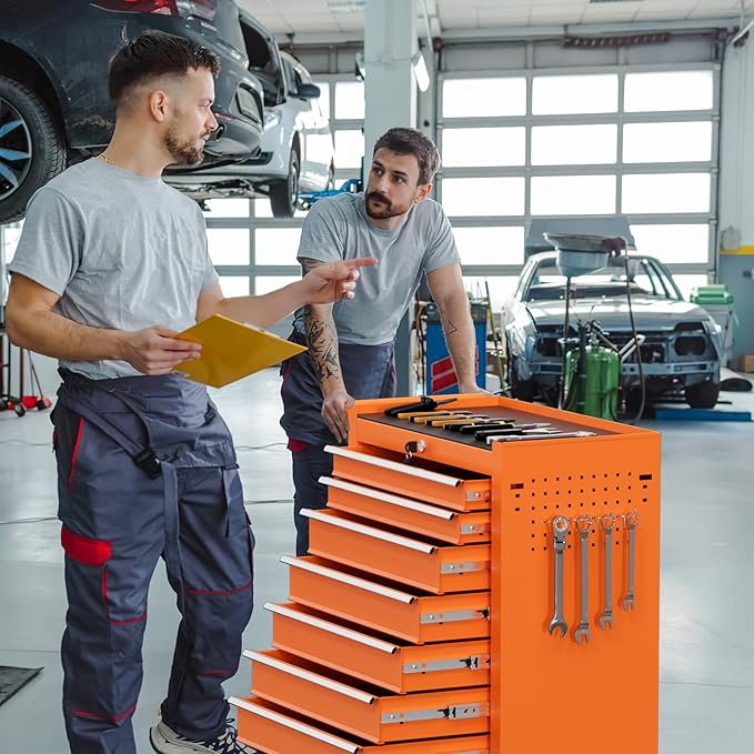 Rolling Tool Chest with Drawers, 7 Drawers Tool Chests & Cabinets, Metal Toolbox with Wheels, Lockable Storage Cabinet, Garage Tool Box with Drawers (Orange, 7 Drawers)