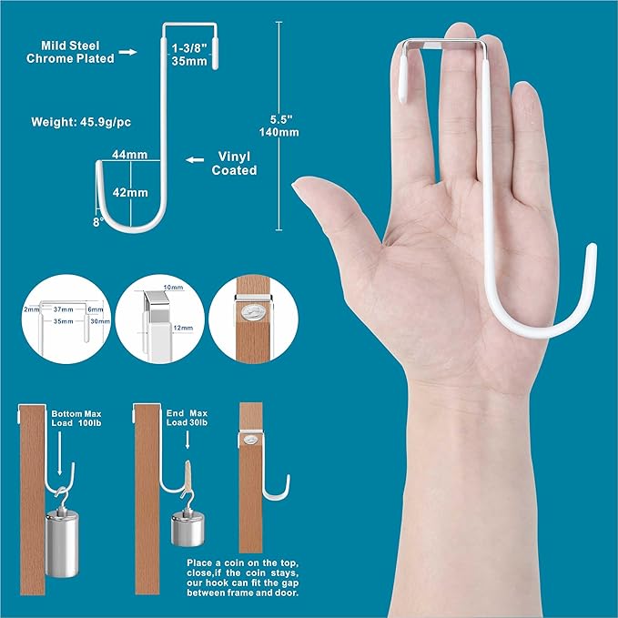 Over The Door Metal Hooks with Plastic Coating 5.5" Fit 0.5" to 1 3/8" Door 2 Pcs Heavy Duty Single Towel Robe Rack Wreath Bathroom Shower Hanger Shoe Organizer Ironing Board Short White