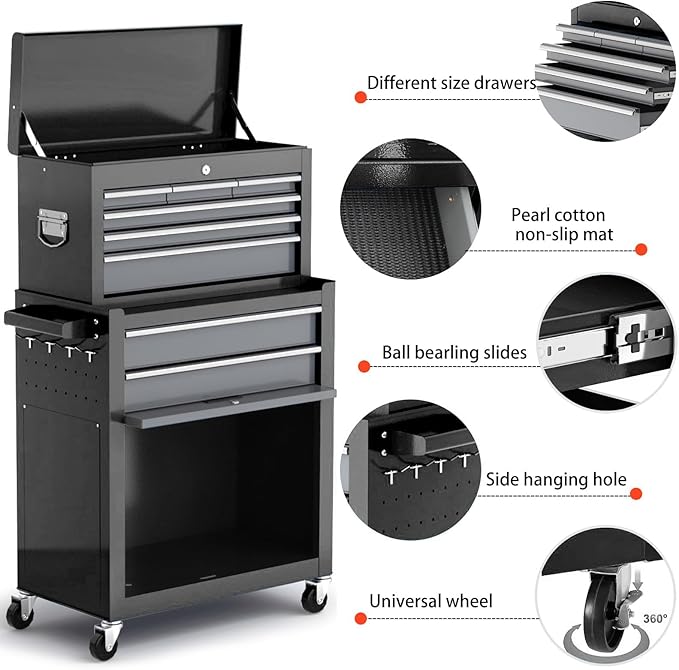 Tool Chest 8-Drawer | 42'' Large Rolling Tool Chest with Wheels | Detachable Top Metal Tool Box | Garage Storage Cabinet for Repair Room,Warehouse | Rolling Tool Box with Hooks,Liners,Tray Divider