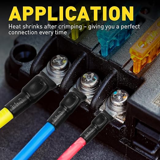 haisstronica Non Insulated Wire Connectors Kit，100pcs 3/8” Ring Terminals (AWG 22-16) with 100pcs 3:1 Heat Shrink Tubing for Automotive Marine，Brazed Seam Wire Crimp terminals